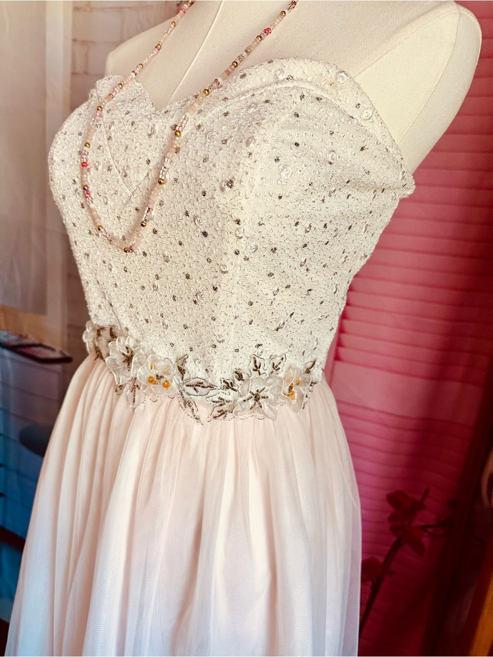 Masquerade Ivory and Pale Pink Beaded Party Dress - Picture 3 of 12